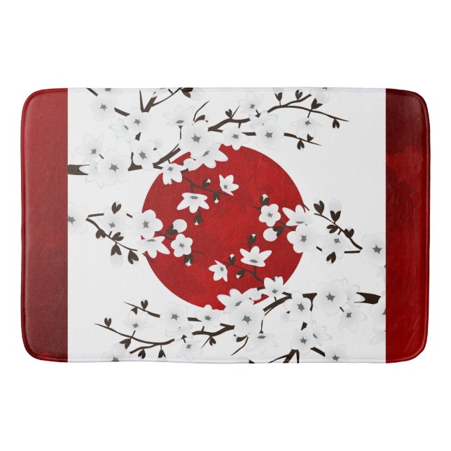 Red  Black And White Cherry Blossoms Rising Sun Bath Mat (Front)