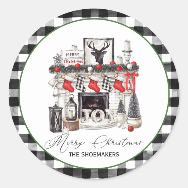 Red Black and White Christmas Fireplace Stockings Classic Round Sticker (Front)