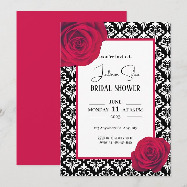 Red Black and White damask bridal shower Invitation (Front/Back)