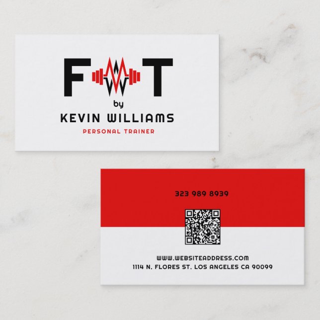 Red, Black and White Fitness Trainer Business Card (Front/Back)
