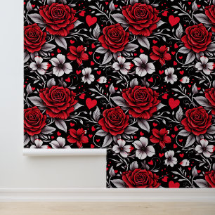 Red, Black and White Floral Roses and Hearts Wallpaper