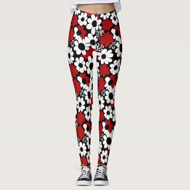 Red, Black and White Flowers Whimsical Leggings (Front)