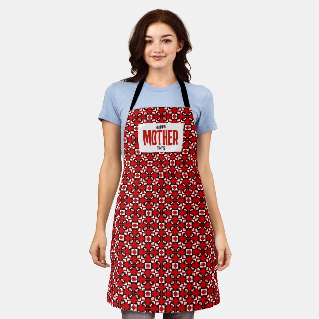 Red, Black, and White Geometric Pixel pattern Apron (Worn)