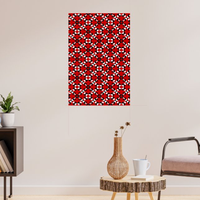 Red, Black, and White Geometric Pixel pattern Poster (Living Room 3)