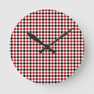 Red Black and White Gingham Check Round Clock