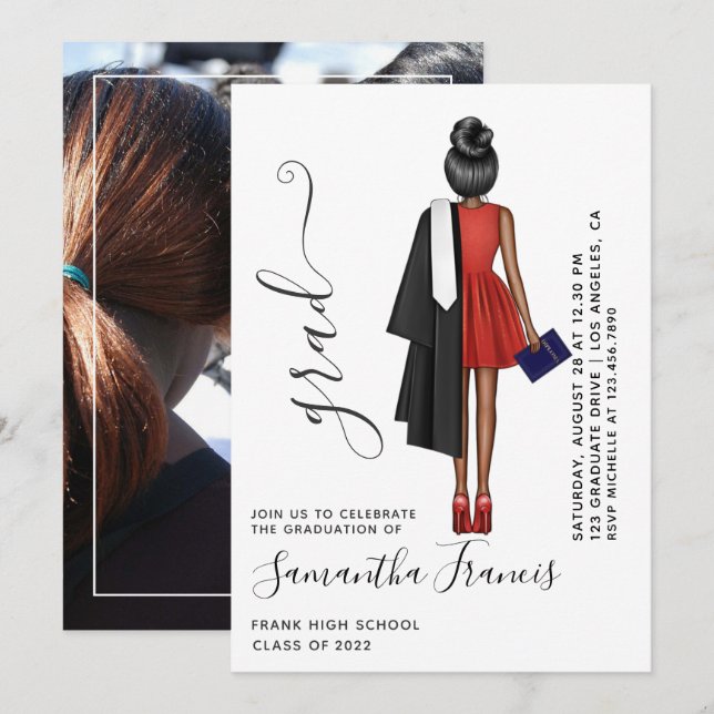 Red, Black and White Girl Graduation Party Photo Invitation (Front/Back)