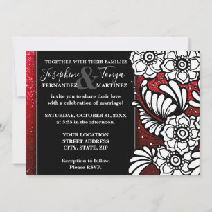 Red Black and White Glitter Sparkle Floral Wedding Invitation