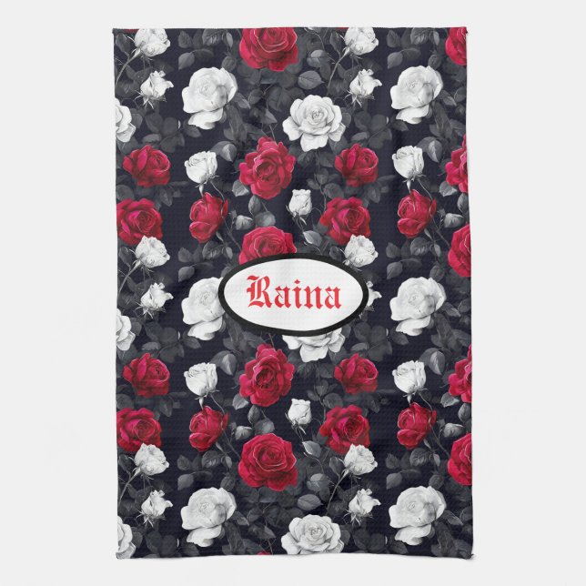 Red Black and White Goth Roses  Tea Towel (Vertical)