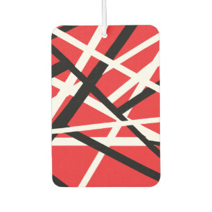 red, black, and white graphic car air freshener
