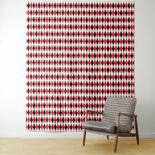 Red Black and White Harlequin Diamonds Pattern  Tapestry