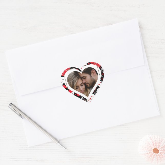 Red, Black and White Hearts and Flowers Photo Heart Sticker (Envelope)