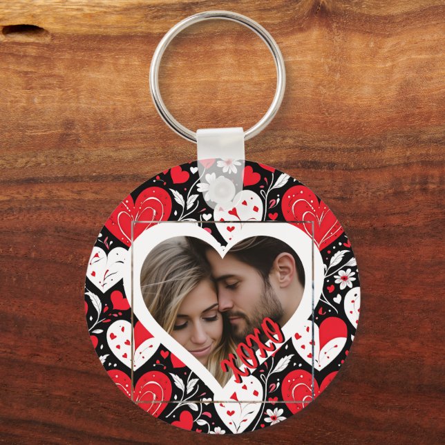 Red, Black and White Hearts and Flowers Photo Key Ring (Front)