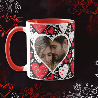Red, Black and White Hearts and Flowers Photo Mug