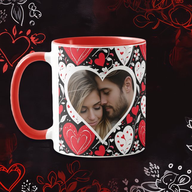 Red, Black and White Hearts and Flowers Photo Mug (Creator Uploaded)