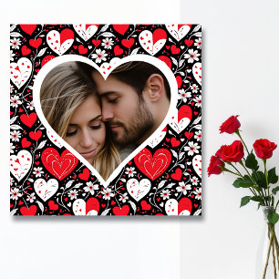 Red, Black and White Hearts and Flowers Photo Poster