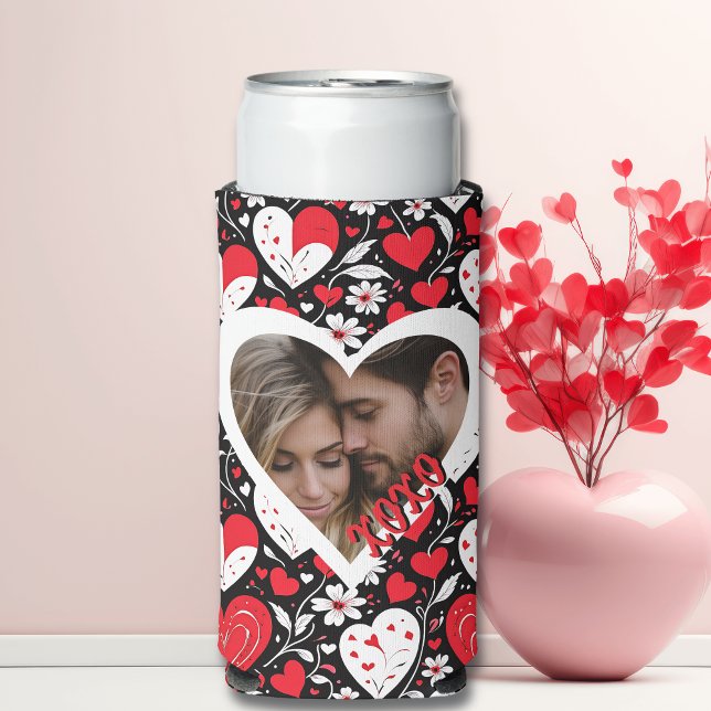 Red, Black and White Hearts and Flowers Photo Seltzer Can Cooler (Creator Uploaded)