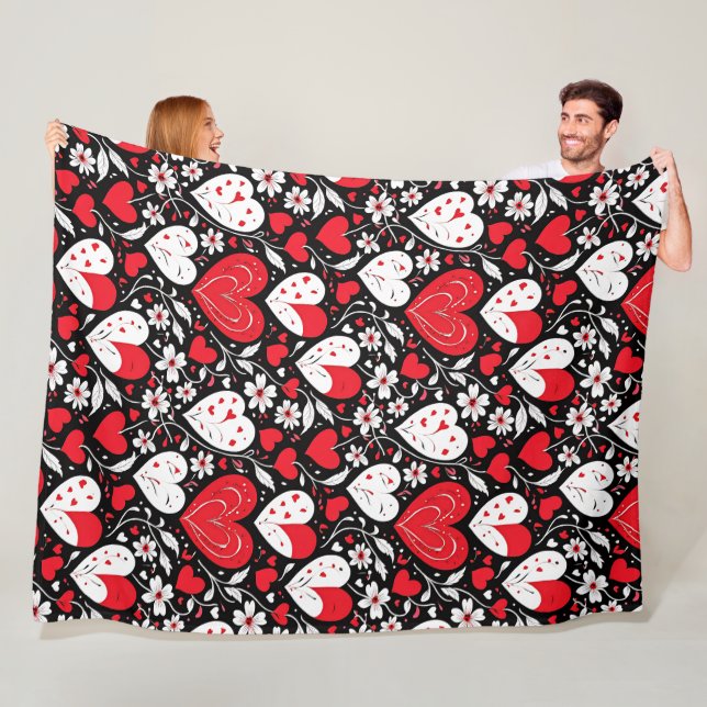 Red, Black and White Hearts and Flowers Romantic Fleece Blanket (In Situ)