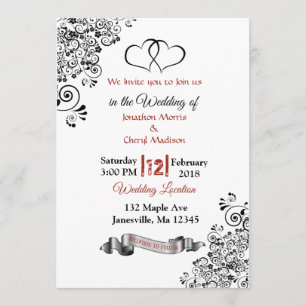 Red, Black and White Hearts Wedding Invitations