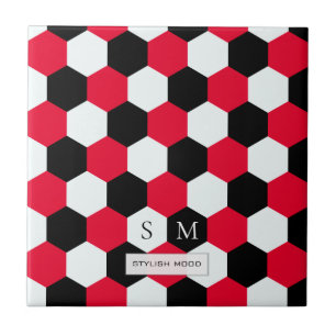 Red, Black and White Hexagons Monogram Tile