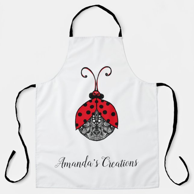 Red black and white Line tangle ladybug Apron (Front)
