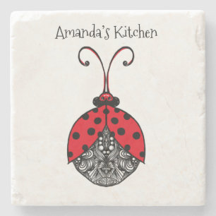 Red black and white line tangle ladybug stone coaster