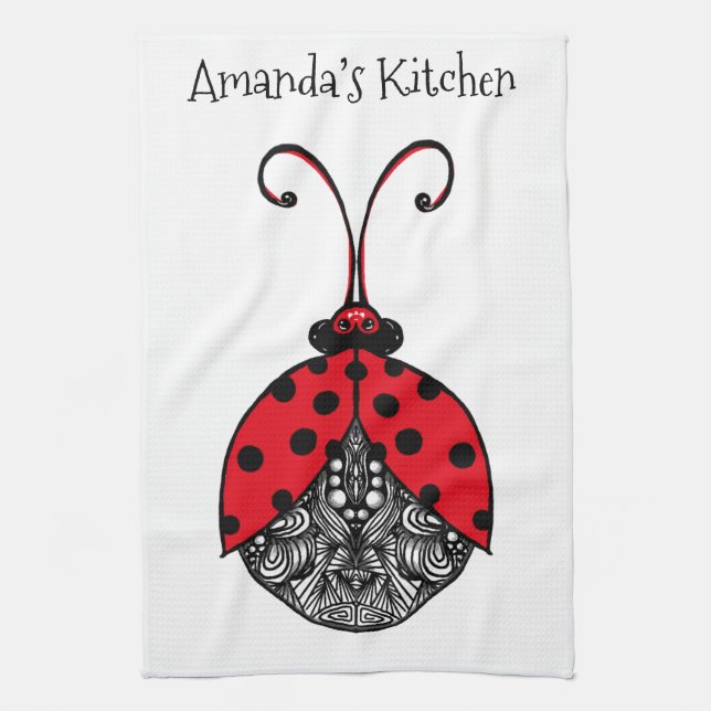 Red black and white line tangle ladybug tea towel (Vertical)