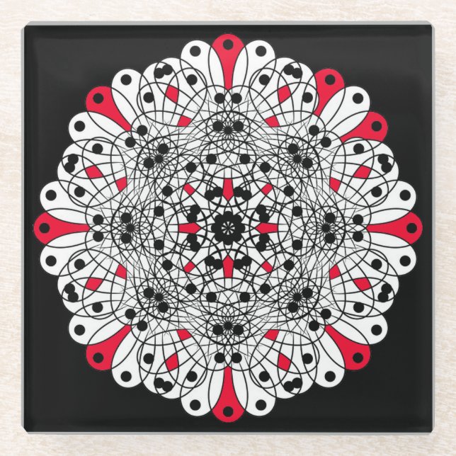 Red, Black and White Mandala  Glass Coasters (Front)