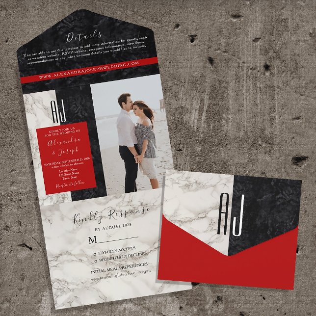Red Black and White Monogram Wedding All In One Invitation (Creator Uploaded)