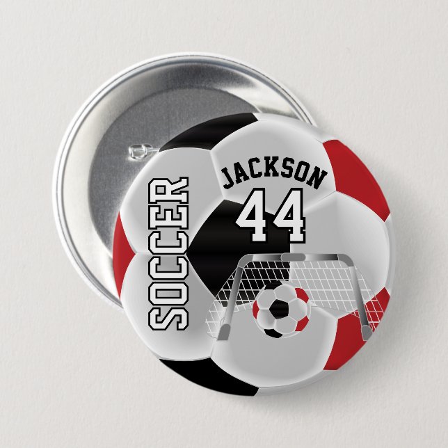 Red, Black and White Personalise Soccer Ball 7.5 Cm Round Badge (Front & Back)