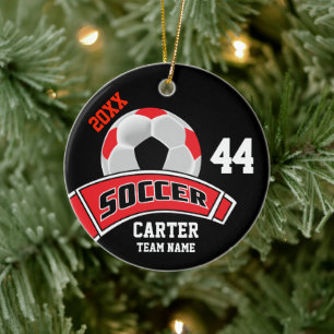 Red, Black and White Personalise Soccer ⚽ Ceramic Tree Decoration
