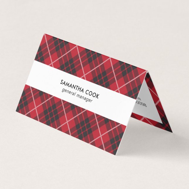 Red black and white plaid pattern business card (Front)