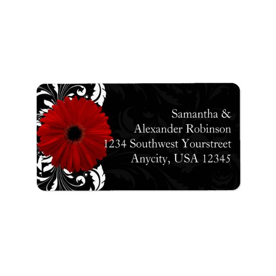 Red, Black and White Scroll Gerbera Daisy Address Label