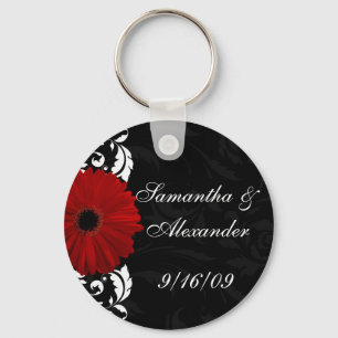 Red, Black and White Scroll Gerbera Daisy Key Ring