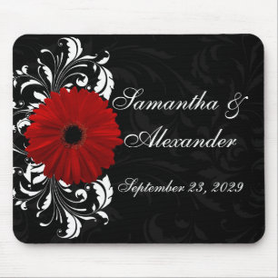 Red, Black and White Scroll Gerbera Daisy Mouse Mat