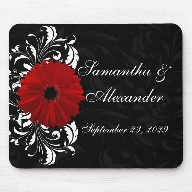 Red, Black and White Scroll Gerbera Daisy Mouse Mat (Front)