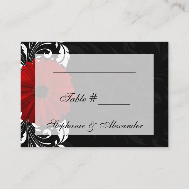 Red, Black and White Scroll Gerbera Daisy Place Card (Front)