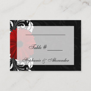 Red, Black and White Scroll Gerbera Daisy Place Card