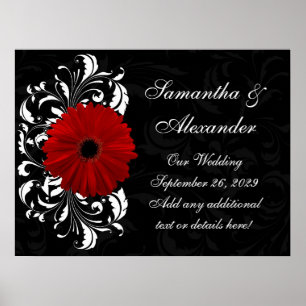 Red, Black and White Scroll Gerbera Daisy Poster