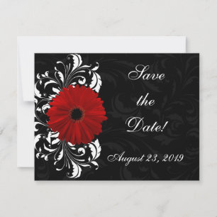 Red, Black and White Scroll Gerbera Daisy Save The Date