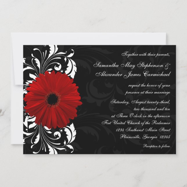 Red, Black and White Scroll Gerbera Daisy Wedding Invitation (Front)
