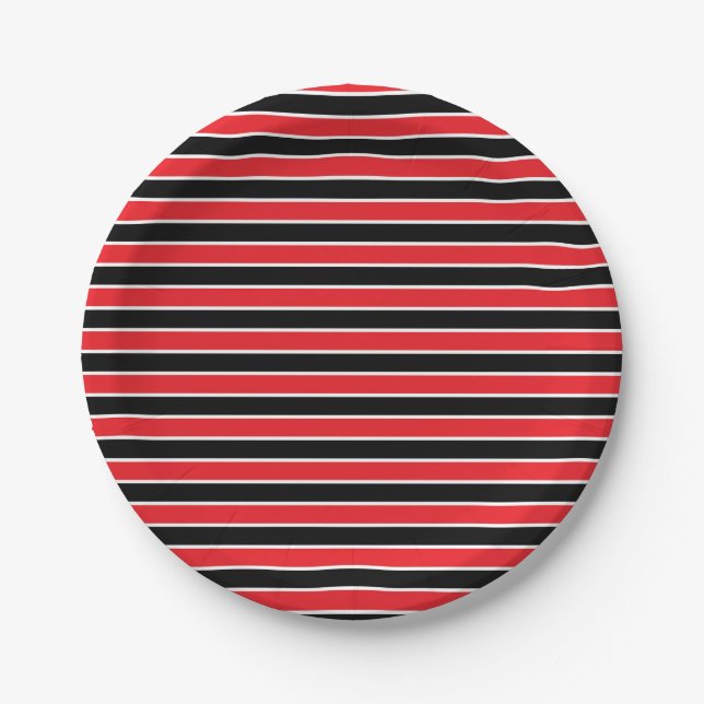 Red, Black and White Stripes Paper Plate (Front)