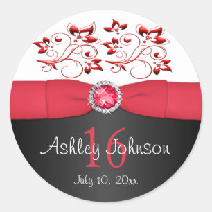 Red, Black, and White Sweet 16 1.5" Round Sticker