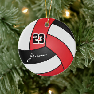 Red, Black and White  🏐 Volleyball Ceramic Tree Decoration