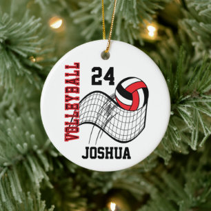 Red, Black and White Volleyball Ceramic Tree Decoration