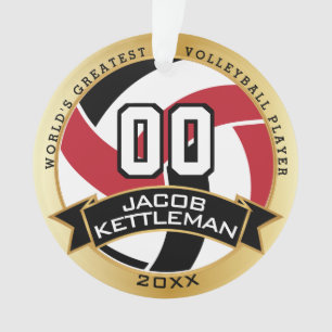 Red, Black and White Volleyball DIY Text Ornament