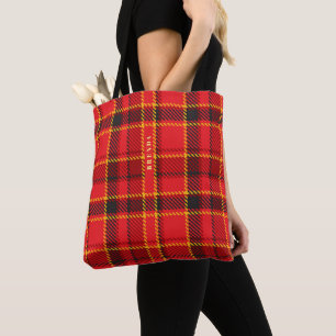 Red black and yellow plaid pattern monogram tote bag