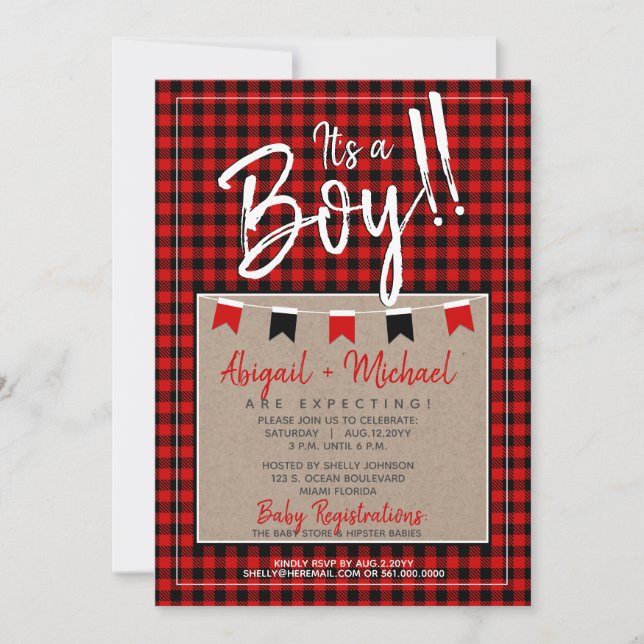 Red + Black Baby Boy Plaid Lumberjack Baby Shower Invitation (Front)