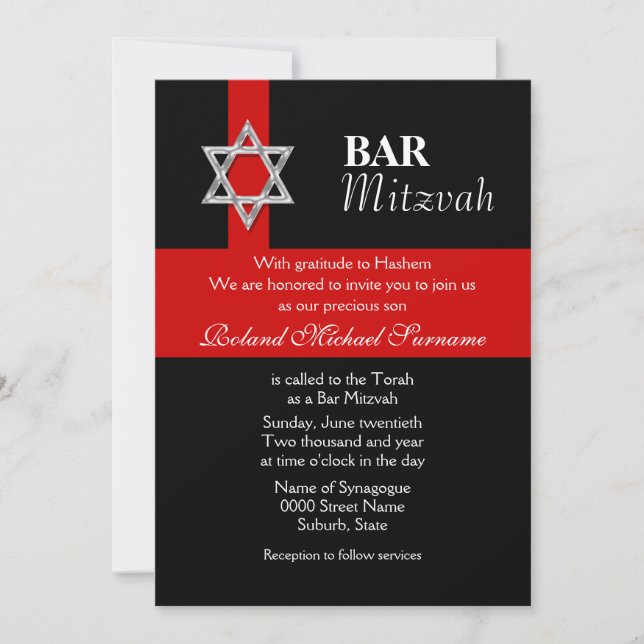 Red black bar mitzvah celebrations invitation (Front)