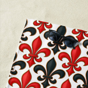 Red Black Baroque Fleur-de-lis Pattern Design Beach Towel