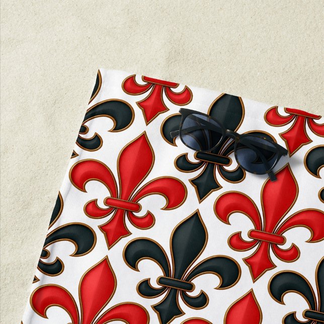 Red Black Baroque Fleur-de-lis Pattern Design  Beach Towel (Creator Uploaded)